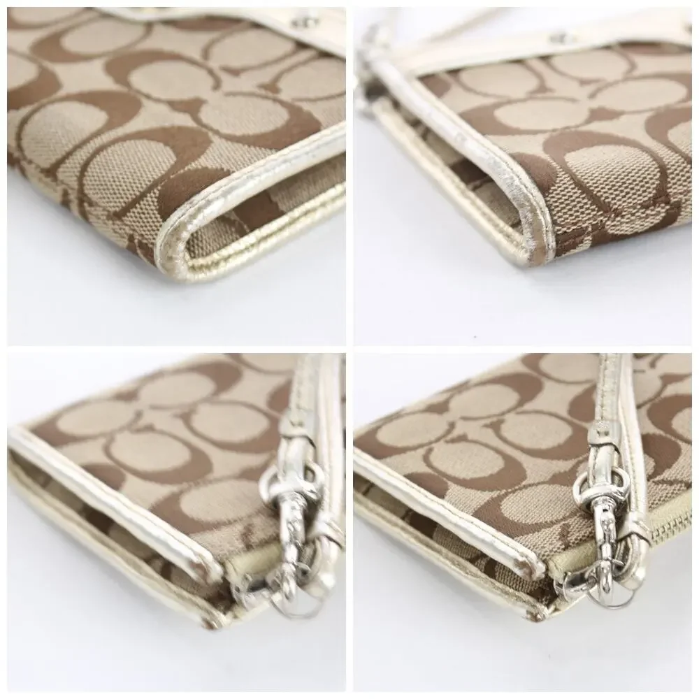 Coach Signature Canvas Turnlock Wristlet Wallet Khaki Brown Leather Trim Y2K
